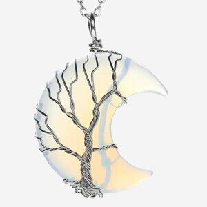 Crescent Moon Opal Glass Stone Tree Of Life Wire Wrap Pendant Necklace